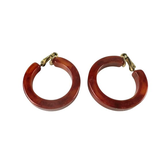 Vintage Red Bakelite Hoop Clip-On Earrings 1.25 Inch Diameter - Picture 1 of 4